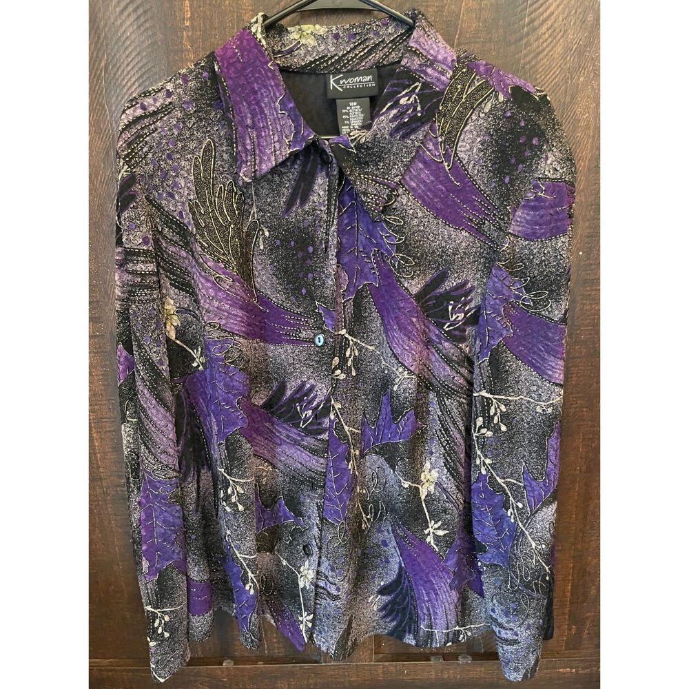 Vintage K Woman stylish Purple Black Abstract Blouse Top 18W  back Slit